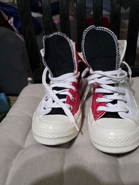 Converse Two-Tone High-Top Sneakers in Red, Black & White Size W-7 M-5